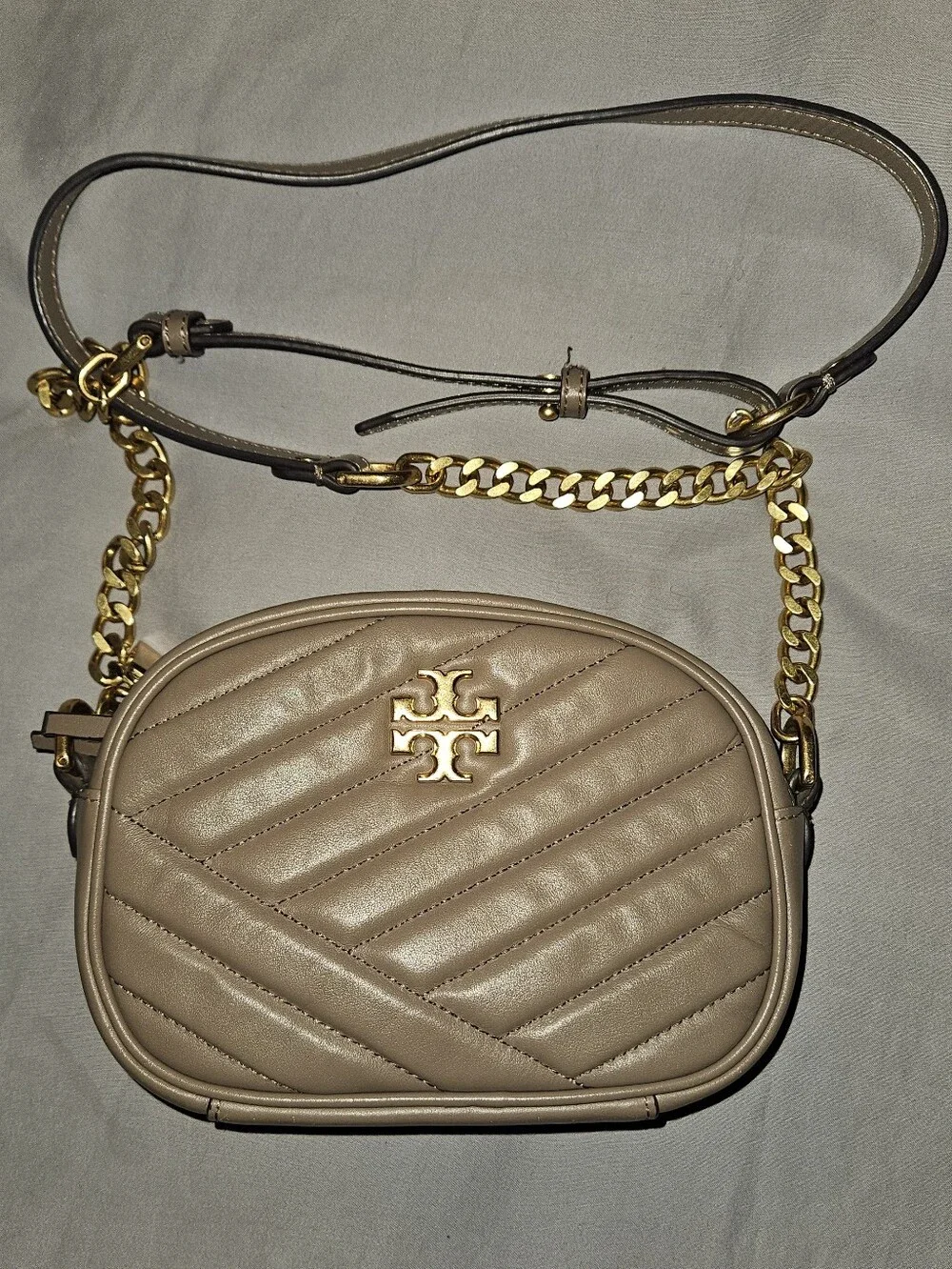 Tory Burch Taupe Quilted Chevron Leather Crossbody with Gold Chain